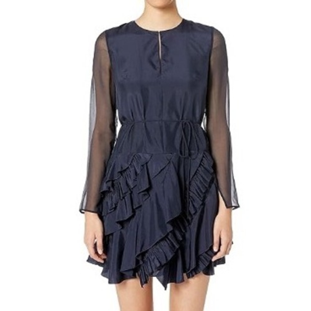 NWT Grey Jason Wu Silk Ruffle Mini Dress Navy Sheer Sleeve Crew Neck Back Zip 2